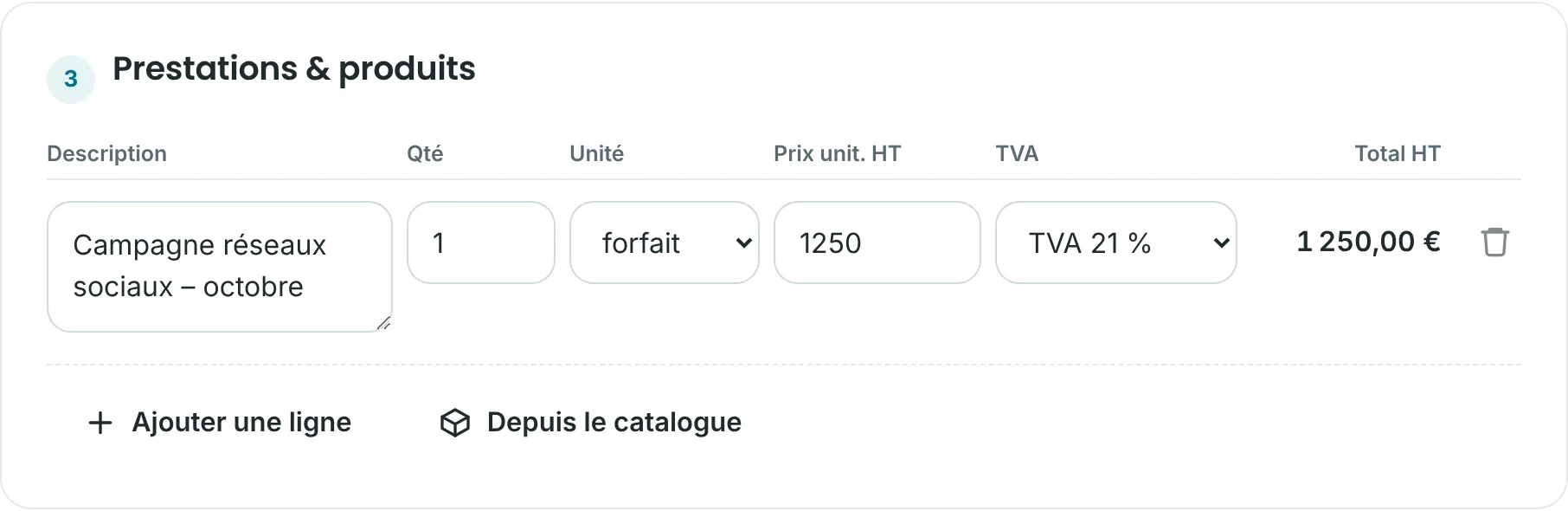 Le formulaire de nouvelle facture